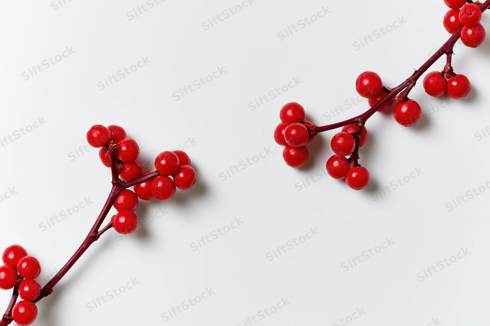Glossy red winter berries on branches arranged diagonally on white background