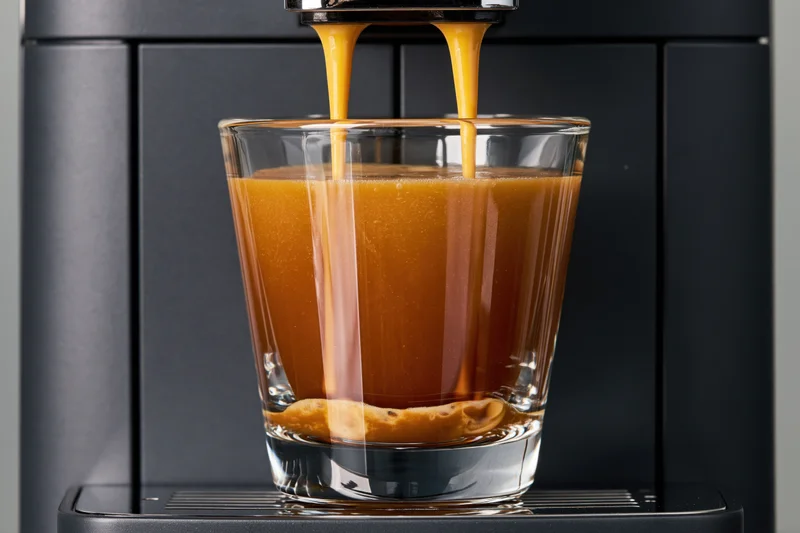 Espresso pouring from a machine into a glass cup