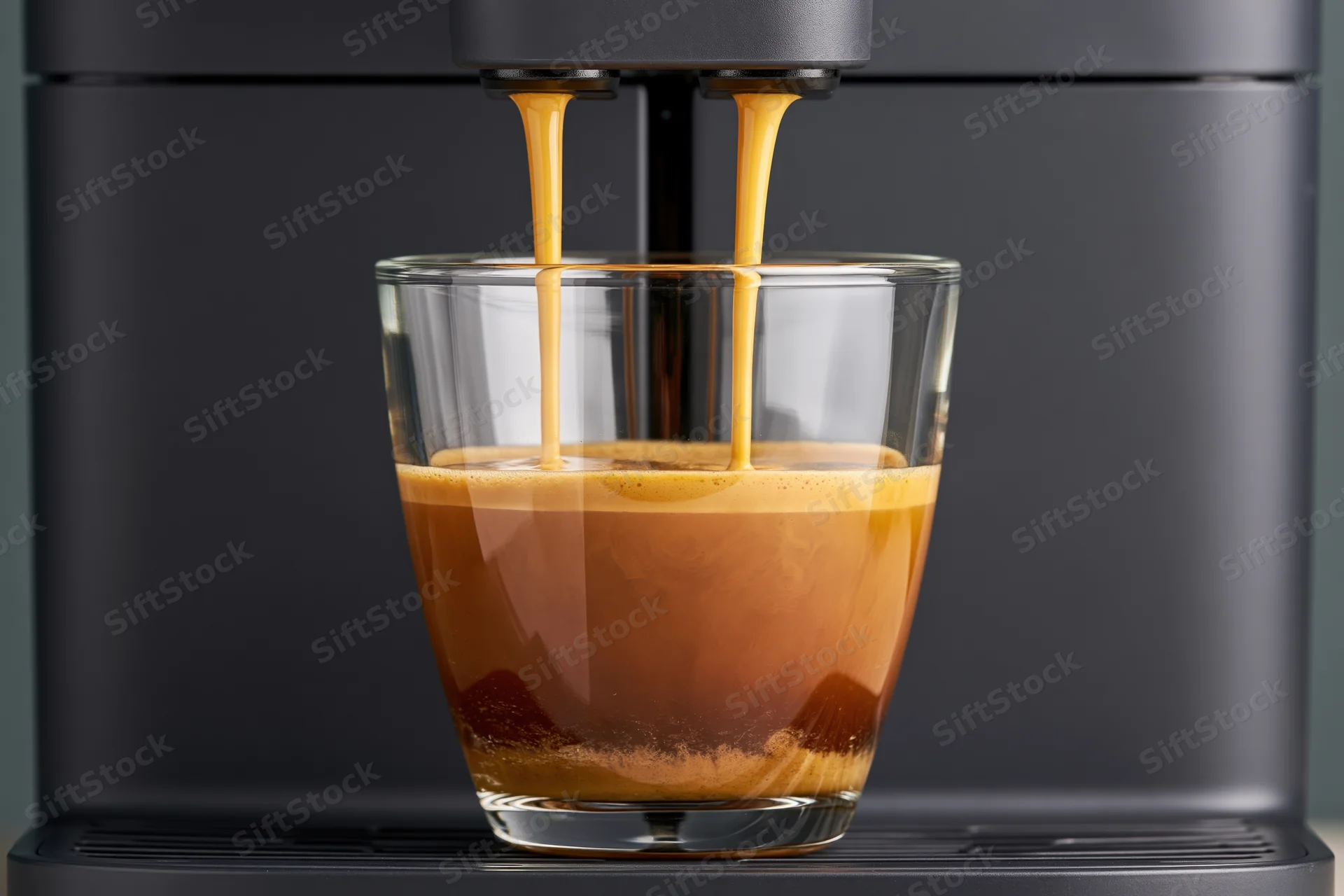 Espresso pouring from a coffee machine into a glass cup