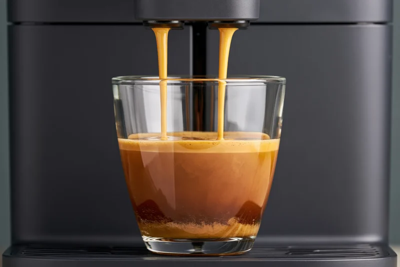 Espresso pouring from a coffee machine into a glass cup