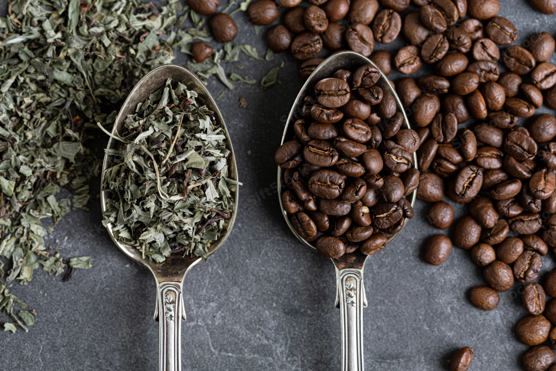Two vintage silver spoons holding coffee beans and dried herbs on dark slate surface