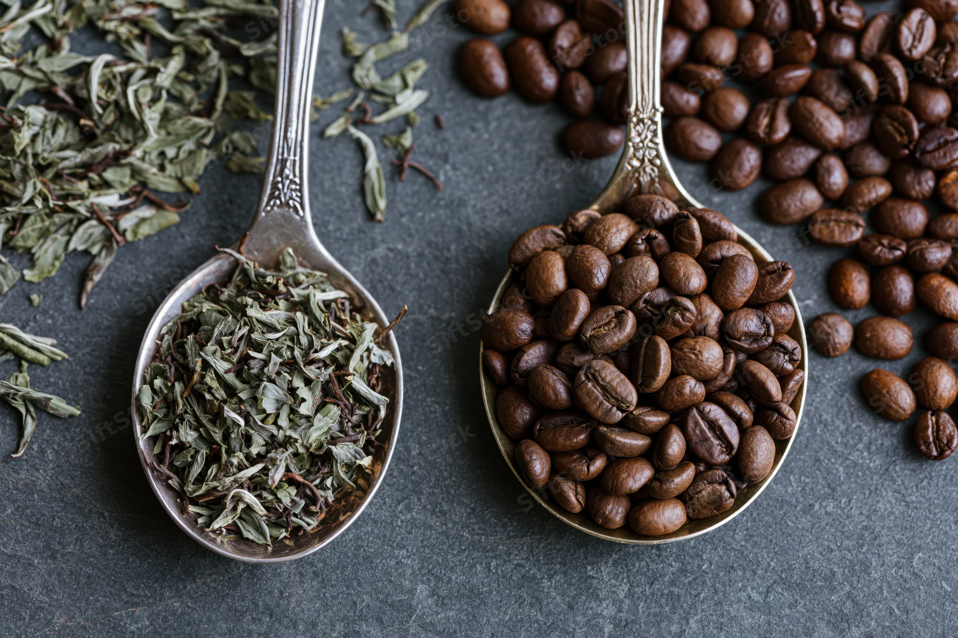 Two vintage silver spoons holding coffee beans and dried tea leaves on dark slate surface