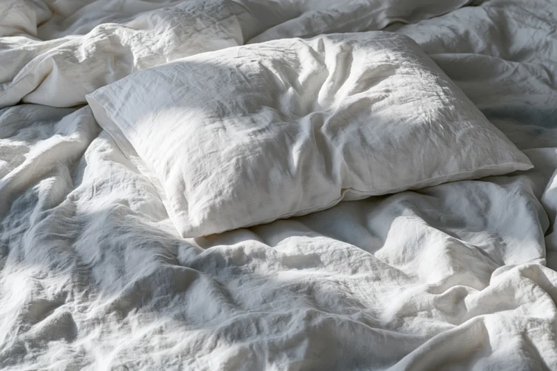 Crumpled white linen pillow resting on rumpled bedding in a bedroom