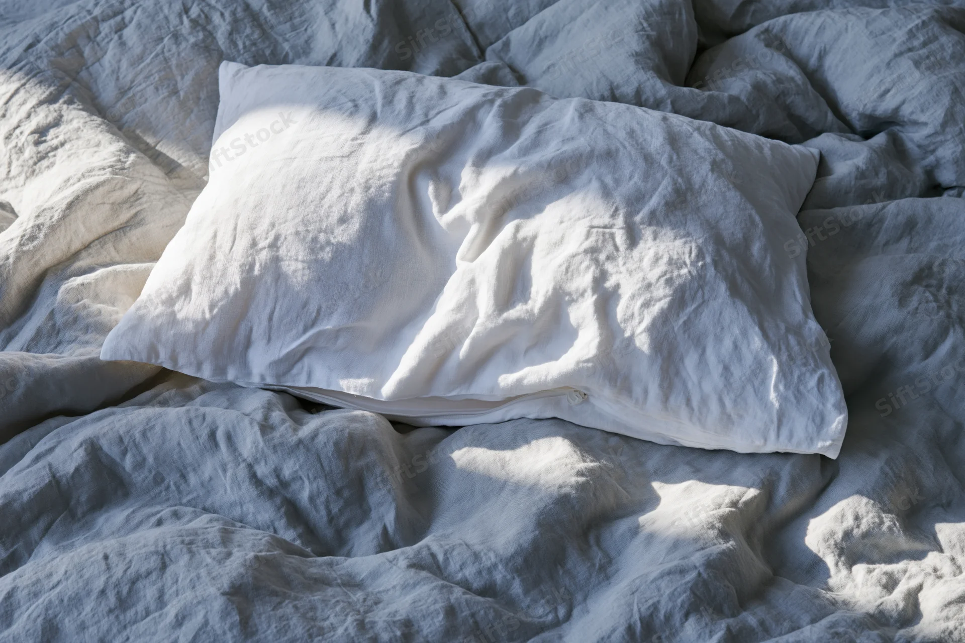 Crumpled white linen pillow resting on rumpled duvet in unmade bed
