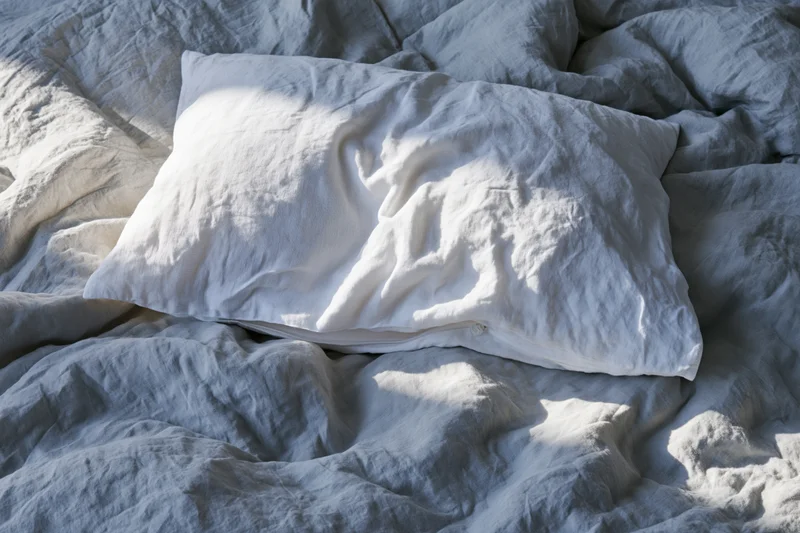 Crumpled white linen pillow resting on rumpled duvet in unmade bed