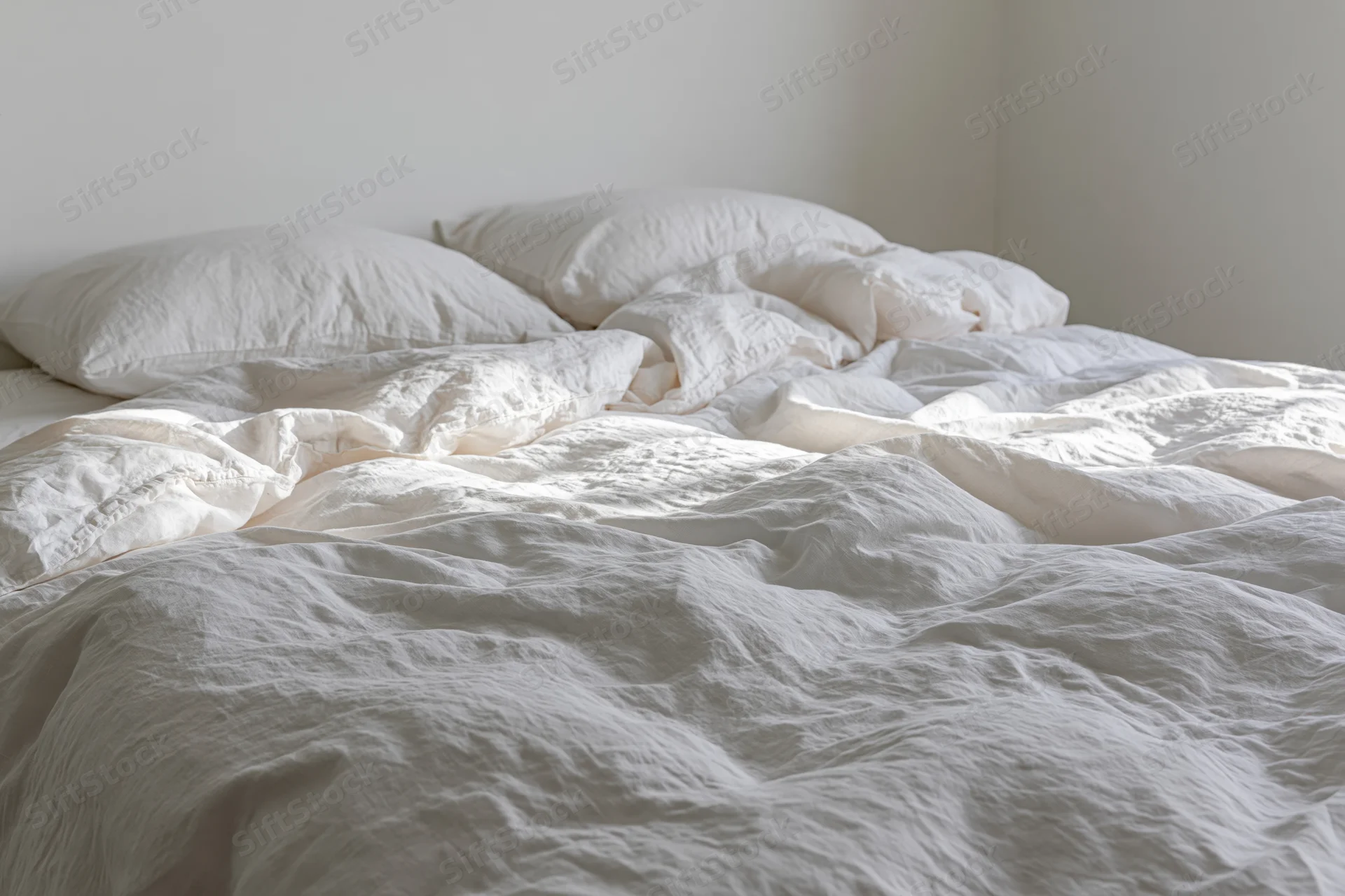 Unmade bed with rumpled white linen duvet and two slightly crumpled pillows in a minimalist bedroom