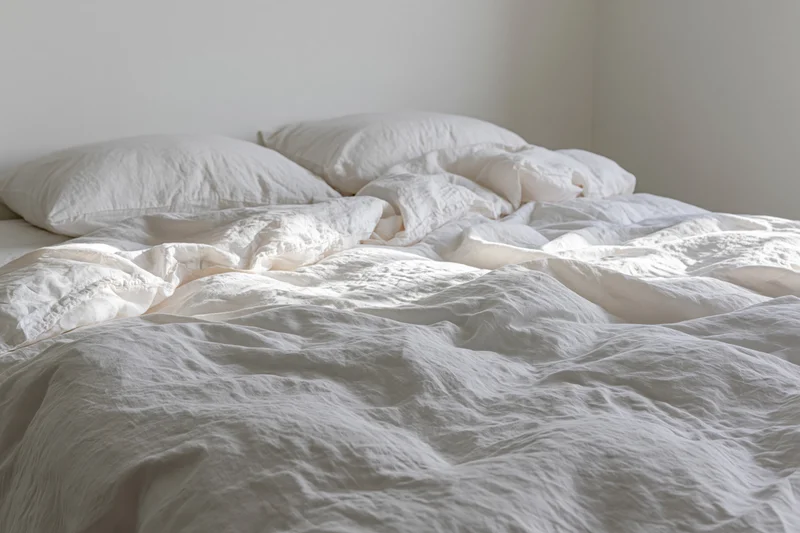 Unmade bed with rumpled white linen duvet and two slightly crumpled pillows in a minimalist bedroom