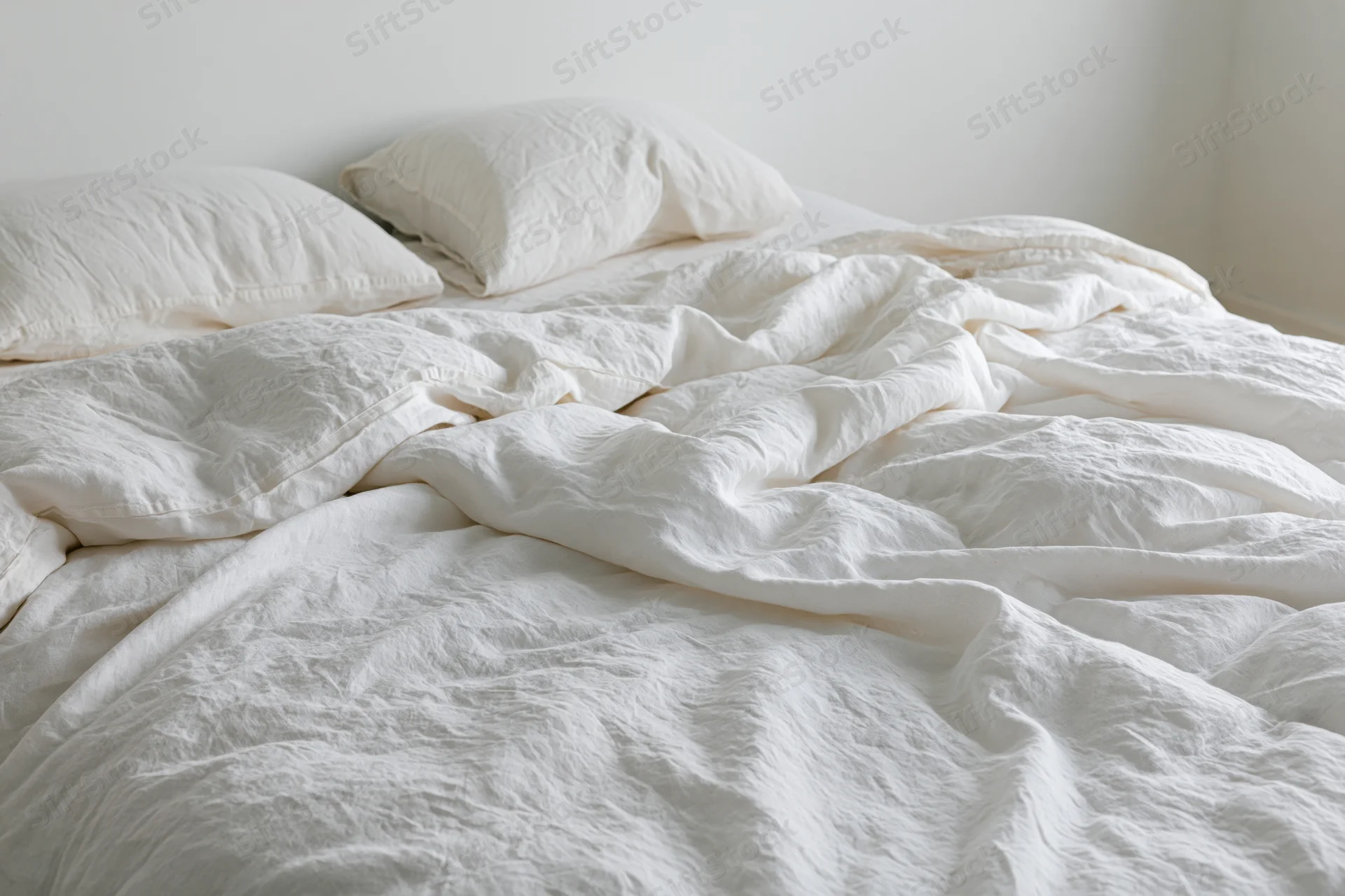 Unmade bed with rumpled white linen duvet and two pillows in a bedroom