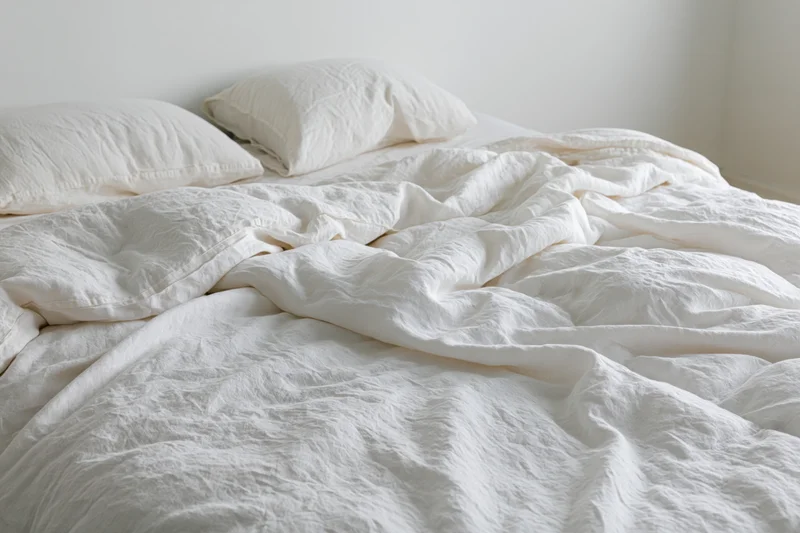 Unmade bed with rumpled white linen duvet and two pillows in a bedroom