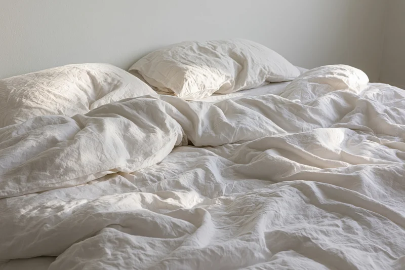 Unmade bed with rumpled white linen duvet and two pillows in a bedroom