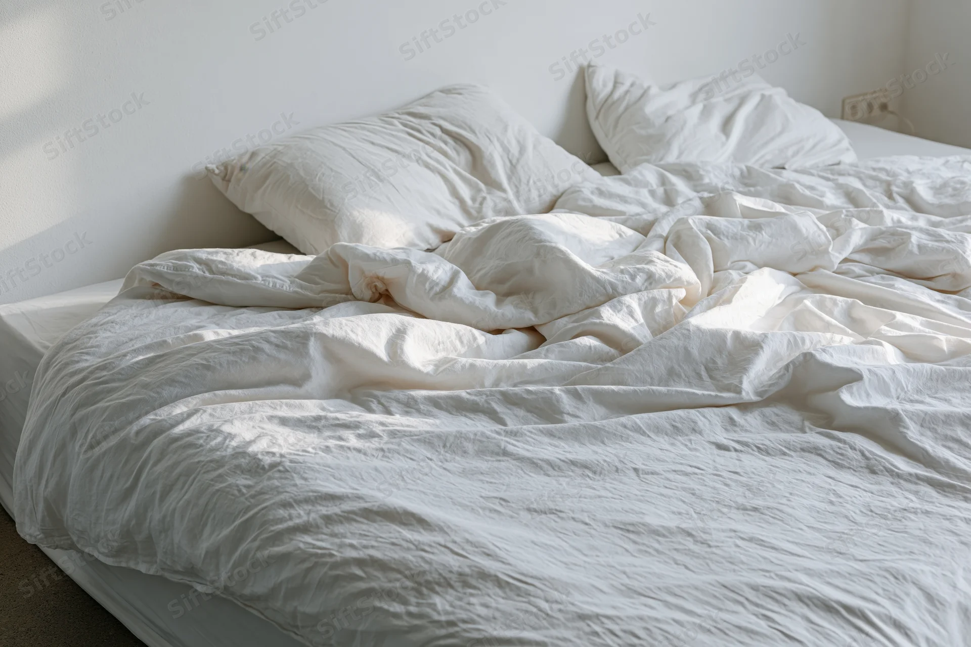 Unmade bed with rumpled white linen duvet and two pillows in a bright bedroom