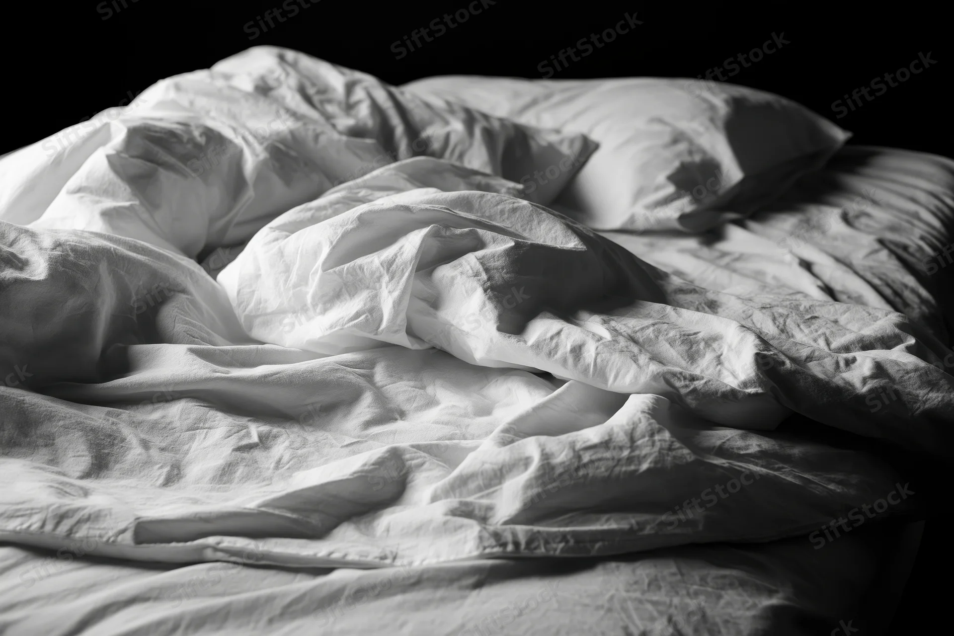 Unmade bed with rumpled white sheets and tangled pillows in a dark bedroom