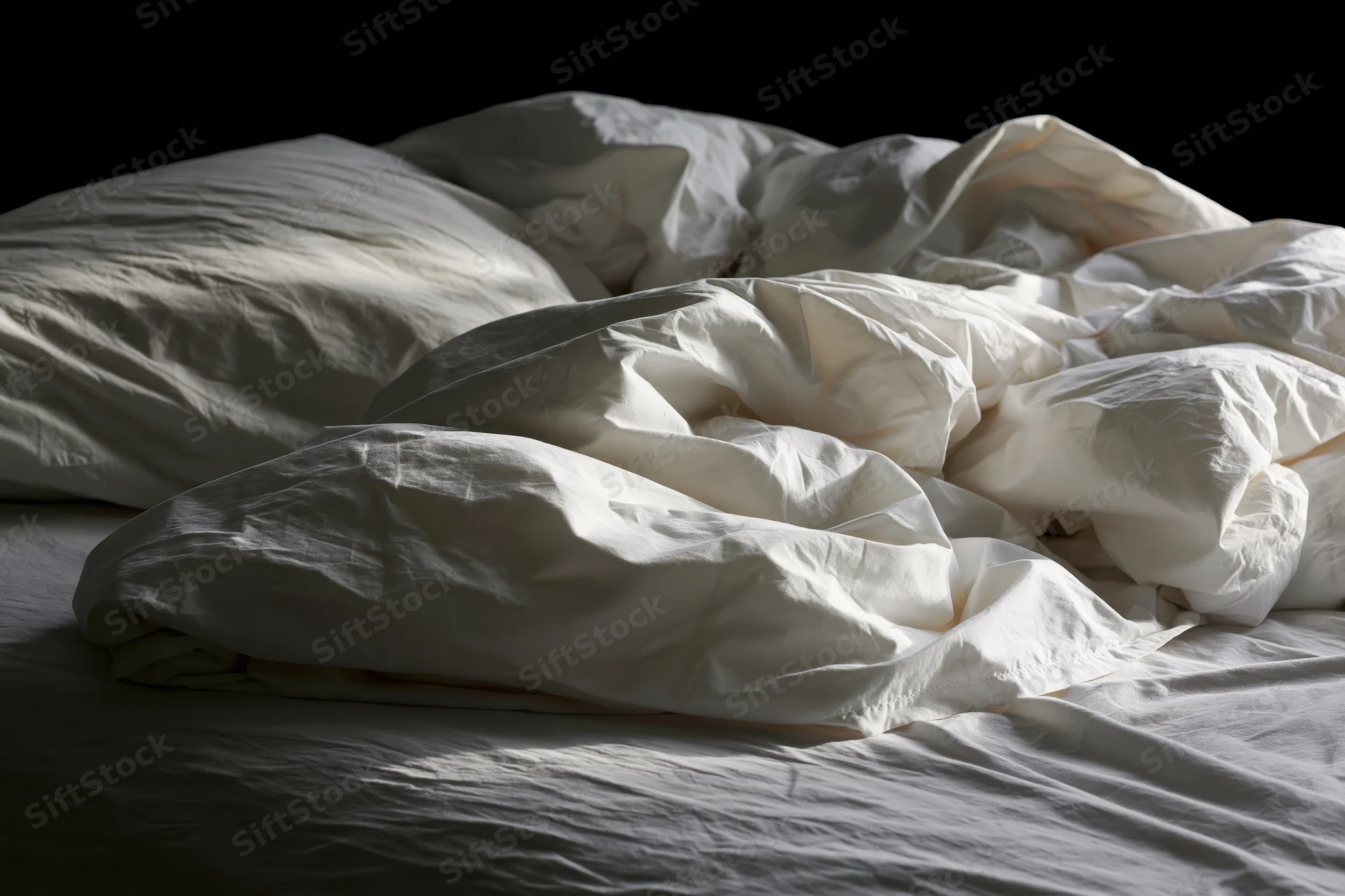 Unmade bed with rumpled white sheets and tangled pillows in a dark bedroom