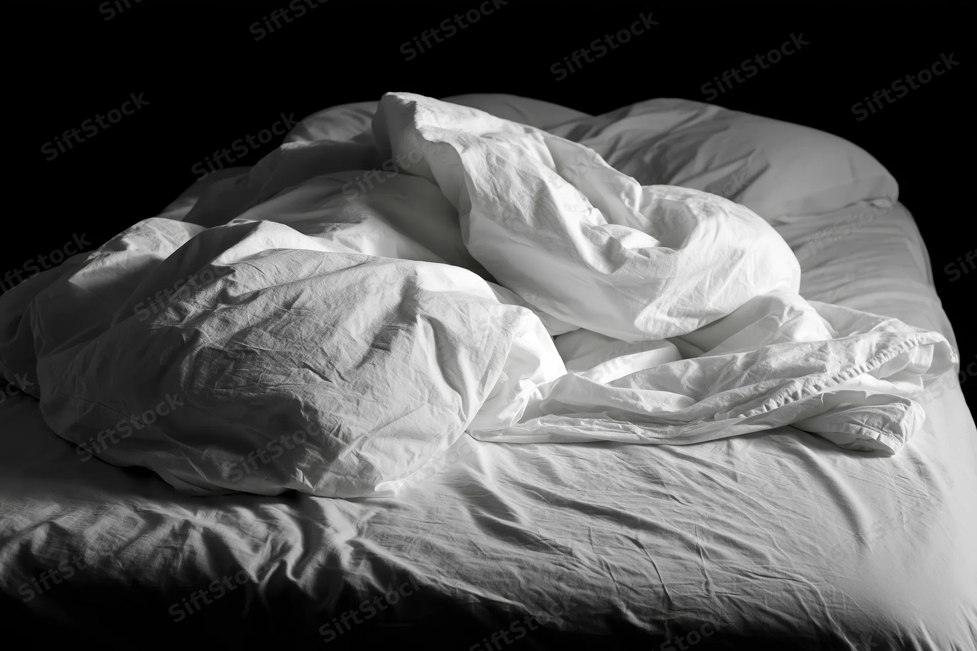Unmade bed with rumpled white sheets and tangled pillows in a dark room