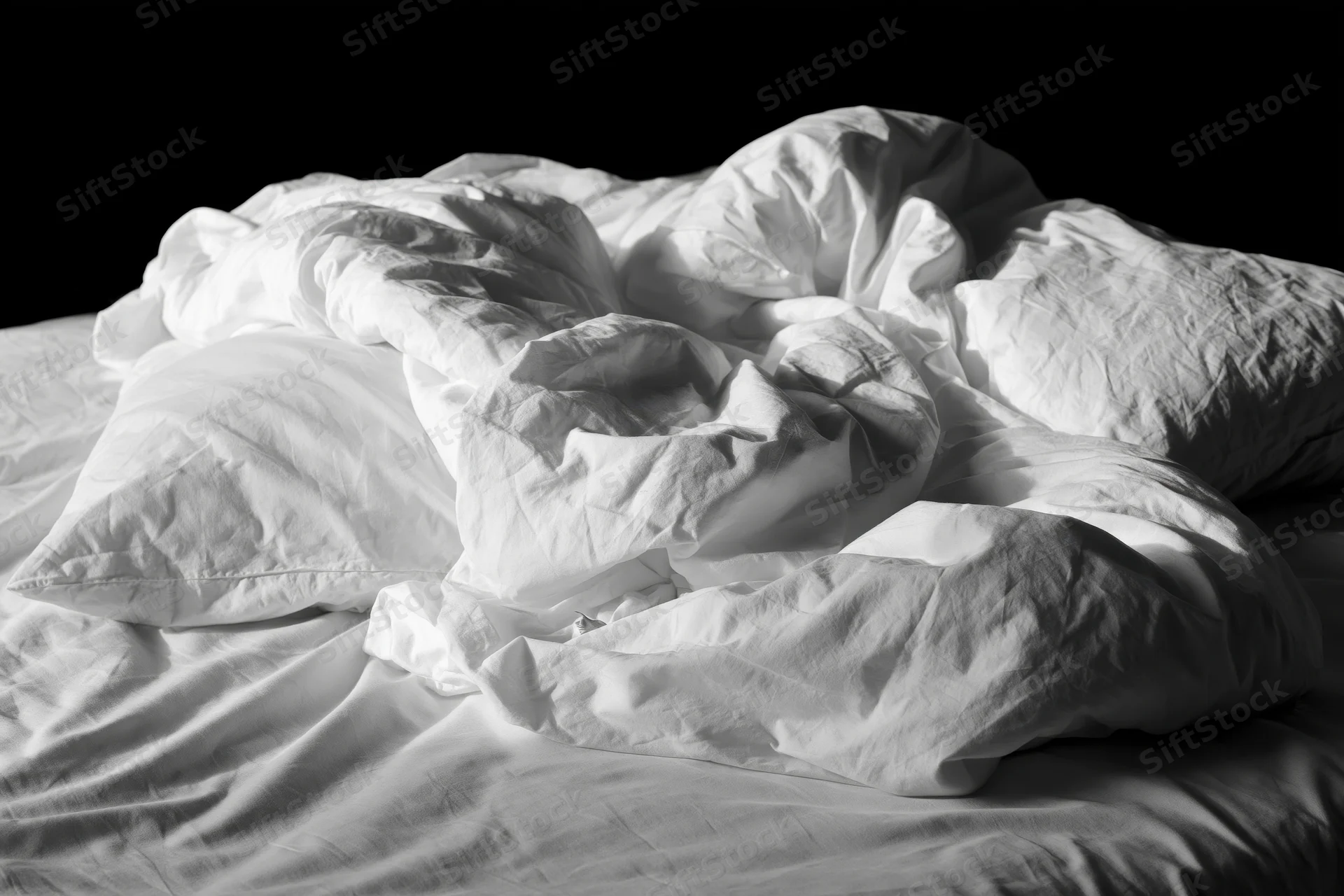 Unmade bed with rumpled white sheets and tangled pillows against black background