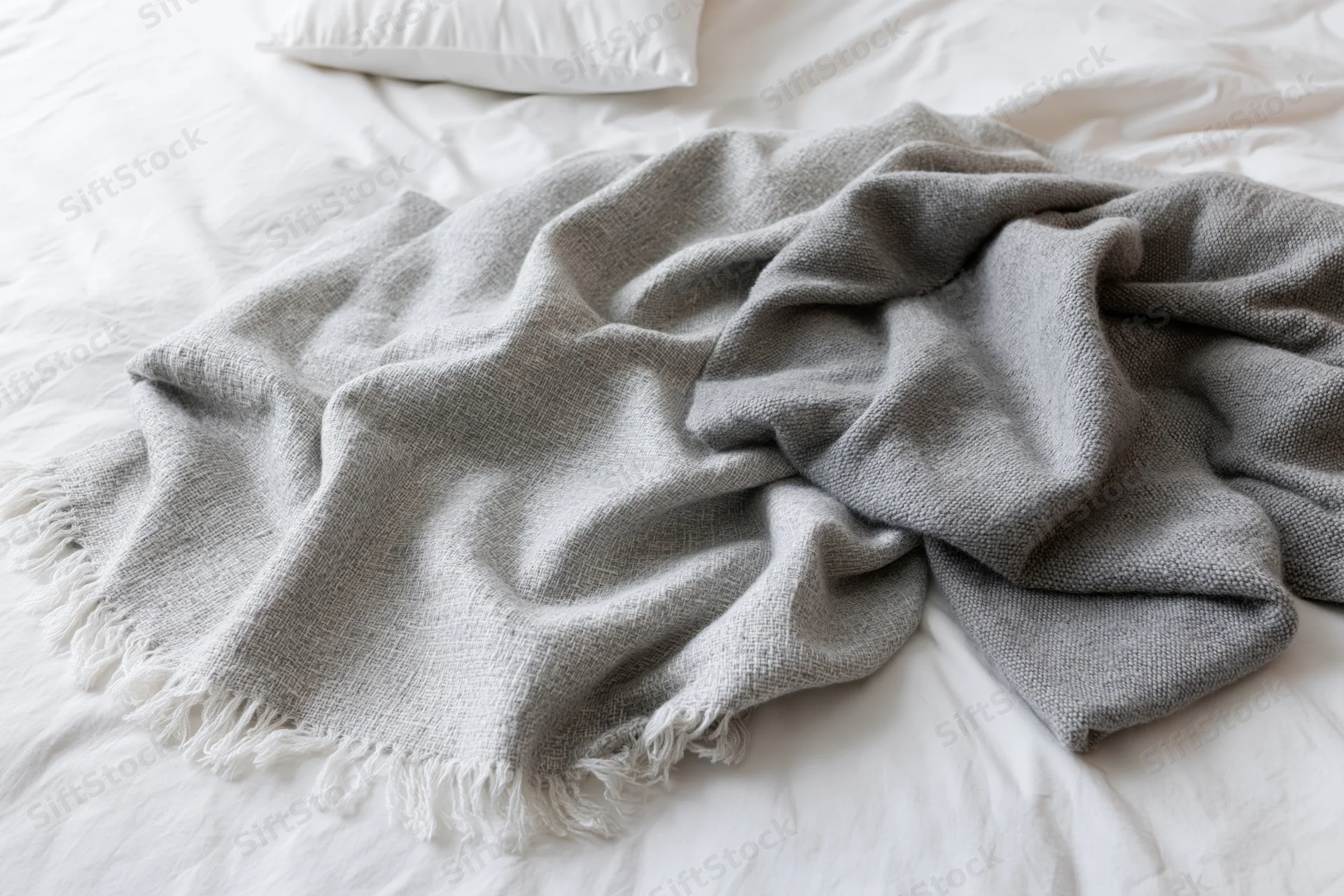 Unmade bed with rumpled gray throw draped over white sheets and pillow