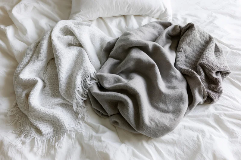 Unmade bed with two gray throws casually draped and rumpled on white sheets