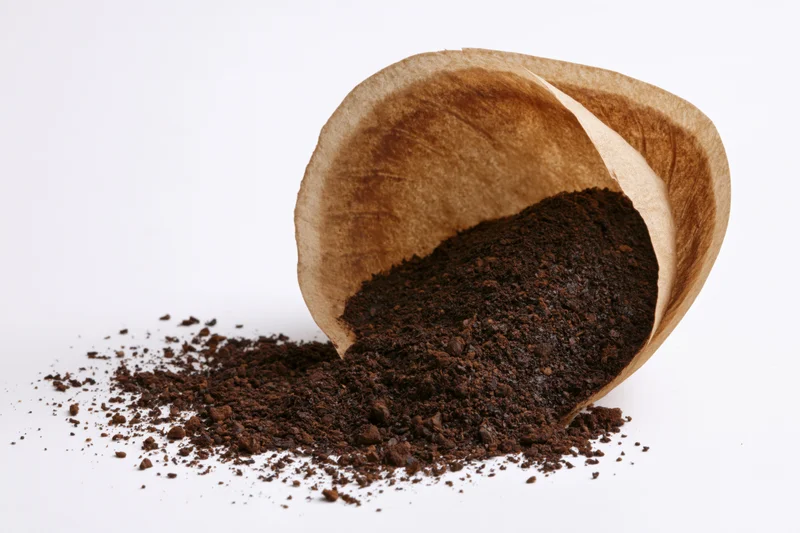 Used paper coffee filter tipped over with dark wet grounds spilled onto white surface