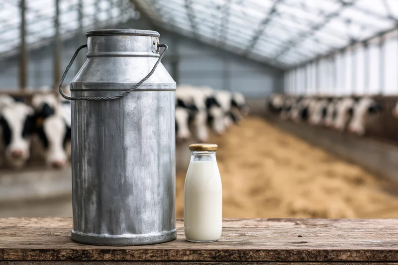 Vintage aluminum milk can and glass bottle of milk on wooden bench in barn with cows in background