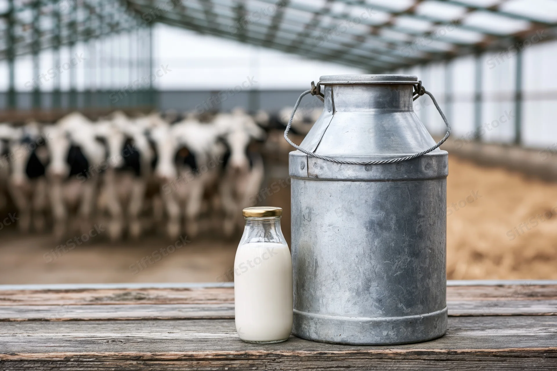 Milk bottle and vintage aluminum milk can on wooden table in front of cows in barn