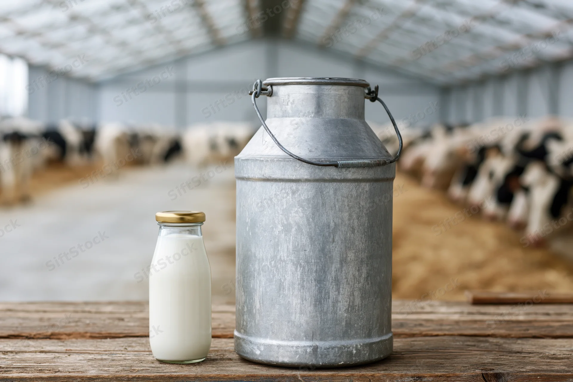 Vintage aluminum milk can and glass bottle of milk on wooden table in barn with cows in background