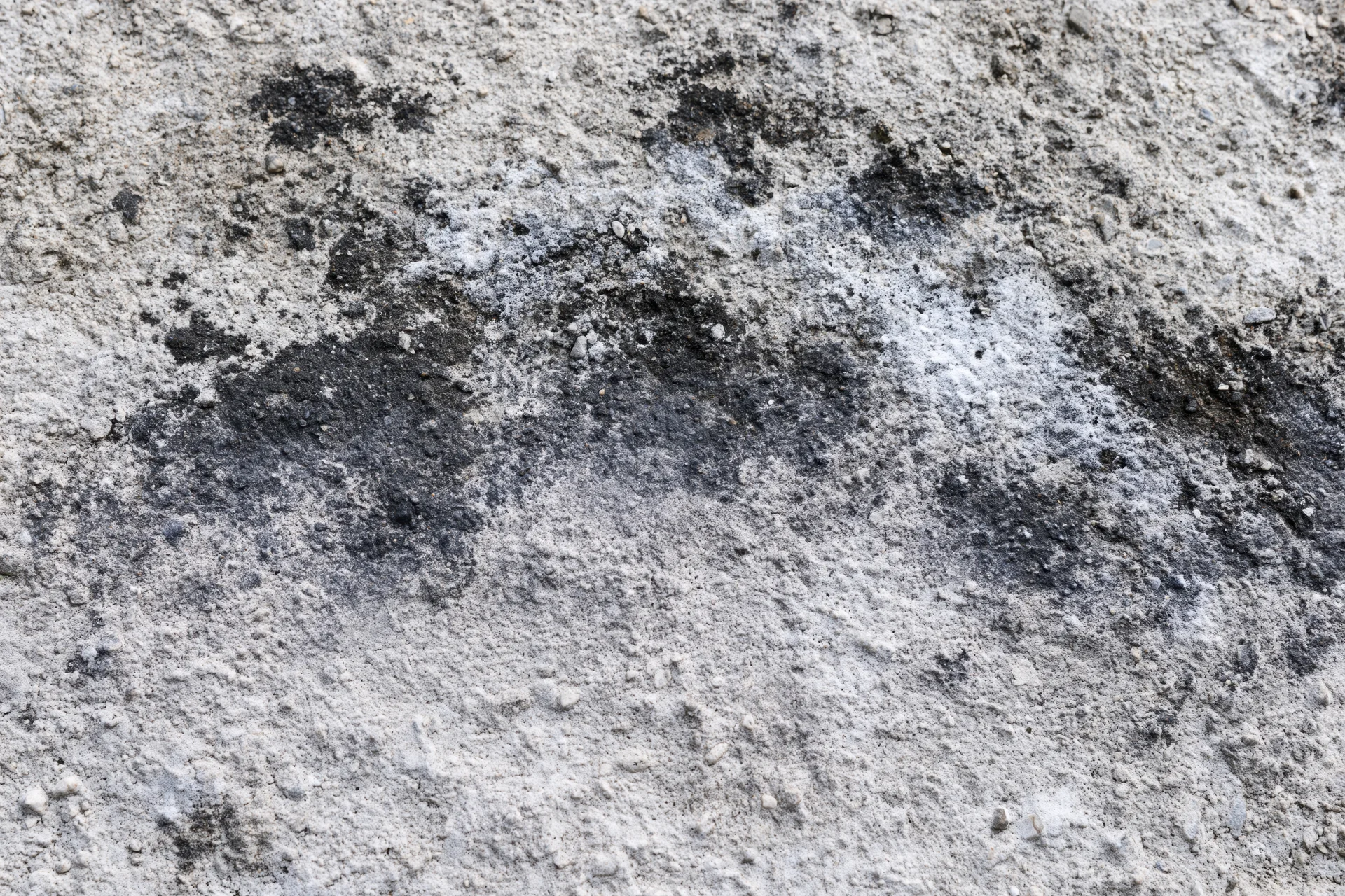 Weathered concrete surface with irregular dark moisture stain