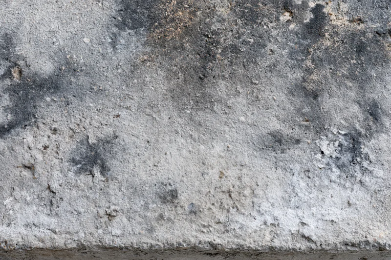 Weathered concrete surface with dark moisture stains and rough texture