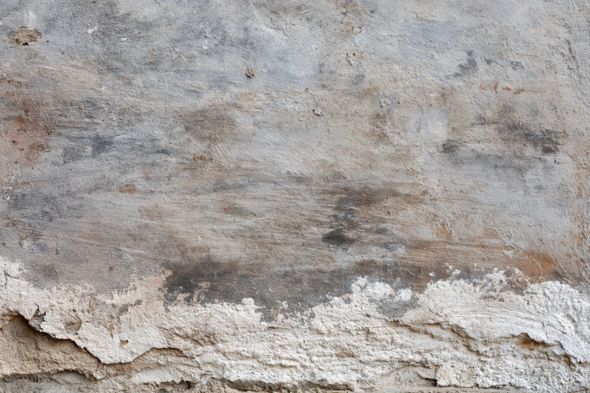 Weathered concrete wall surface with peeling plaster and horizontal striations