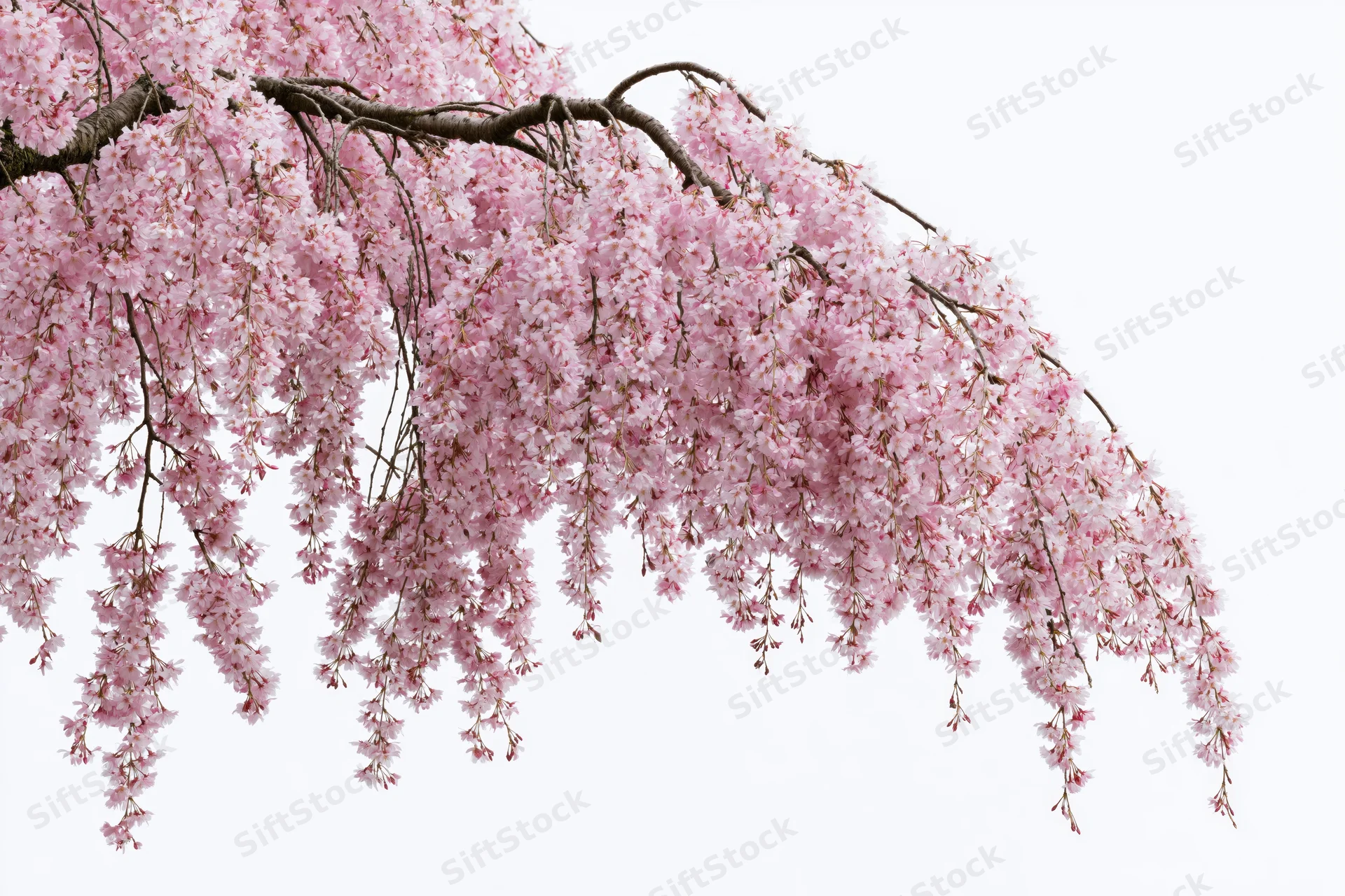 Weeping cherry tree branch with dense pink blossoms isolated on white
