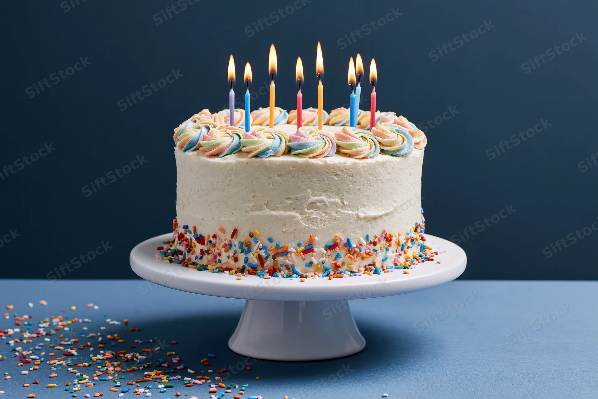 White-frosted birthday cake with lit candles and colorful sprinkles on a white pedestal stand against a blue background