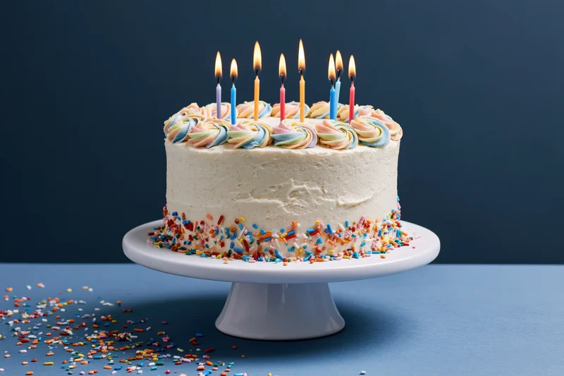 White-frosted birthday cake with lit candles and colorful sprinkles on a white pedestal stand against a blue background