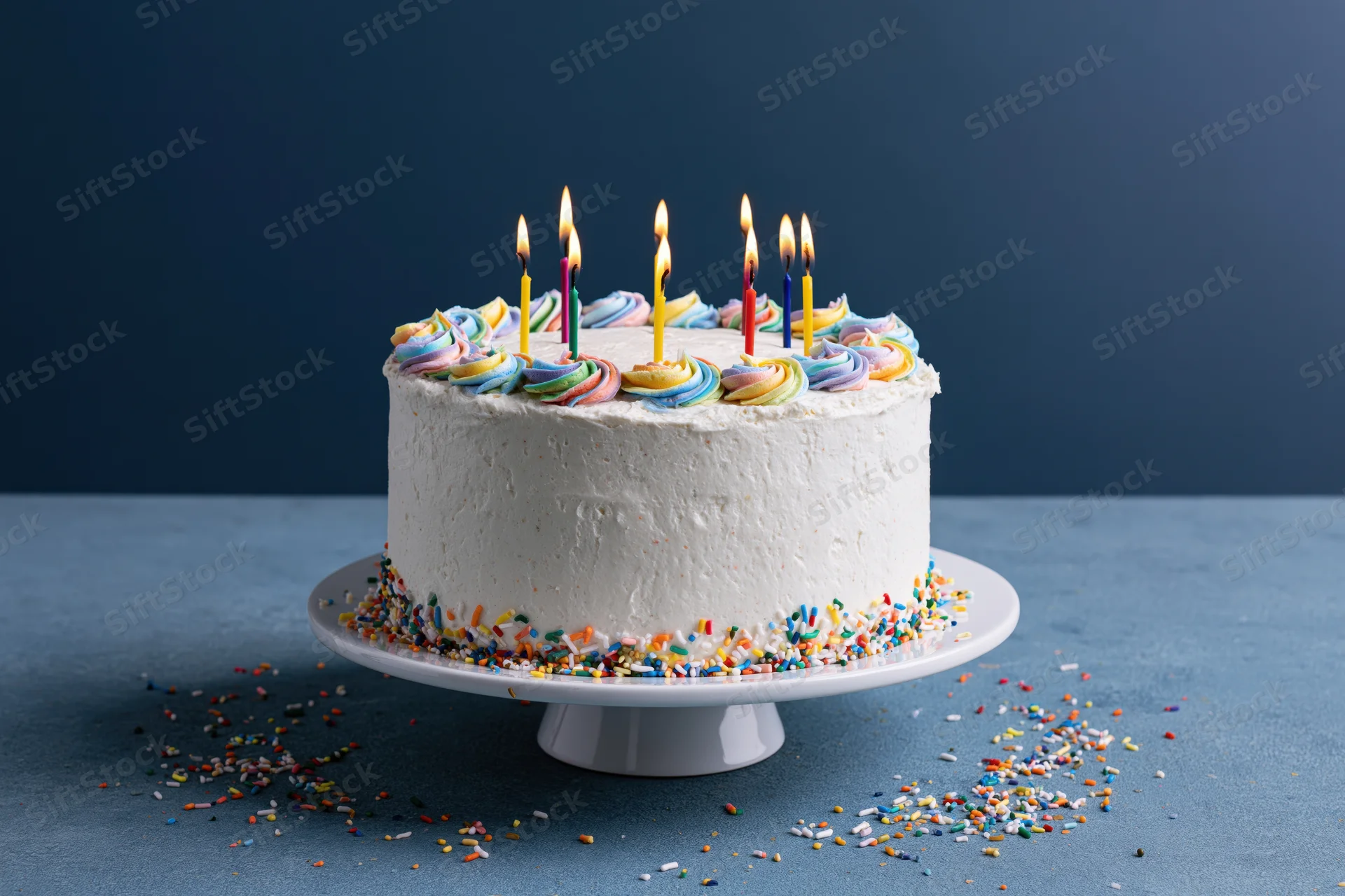 White-frosted birthday cake with lit candles and rainbow sprinkles on a white pedestal stand against a blue background