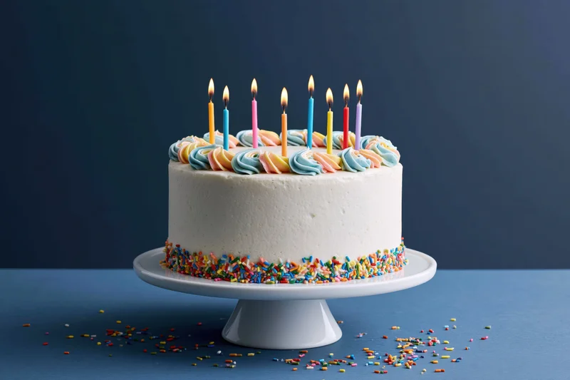 White-frosted birthday cake with lit candles and sprinkles on a white pedestal stand against a blue background