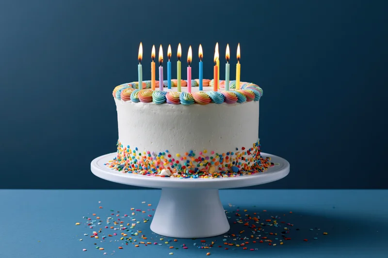 White-frosted birthday cake with lit candles and colorful sprinkles on a white pedestal stand against a blue background