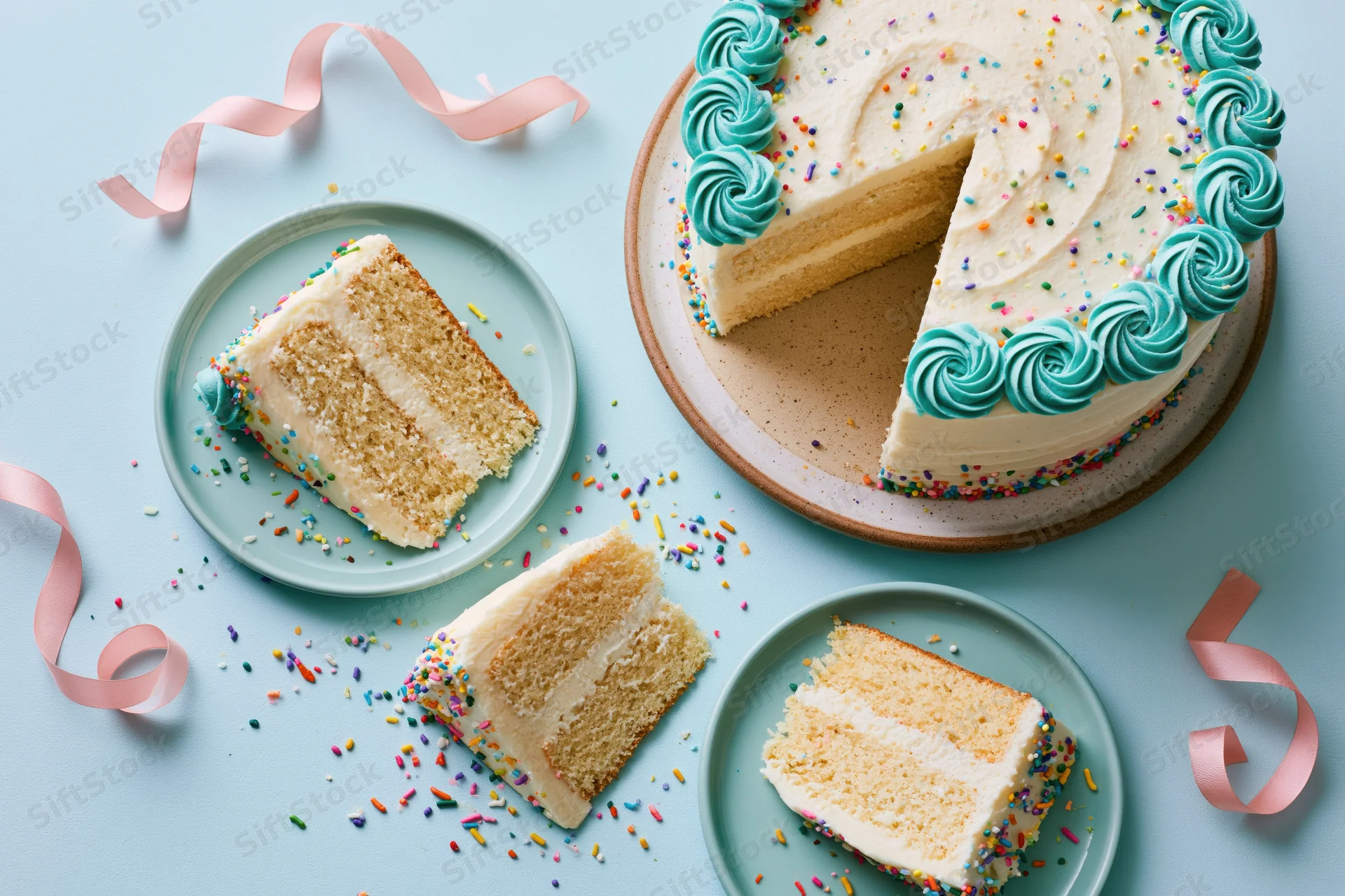 White-frosted layered birthday cake with slices served on plates and pink ribbons on a pastel blue surface