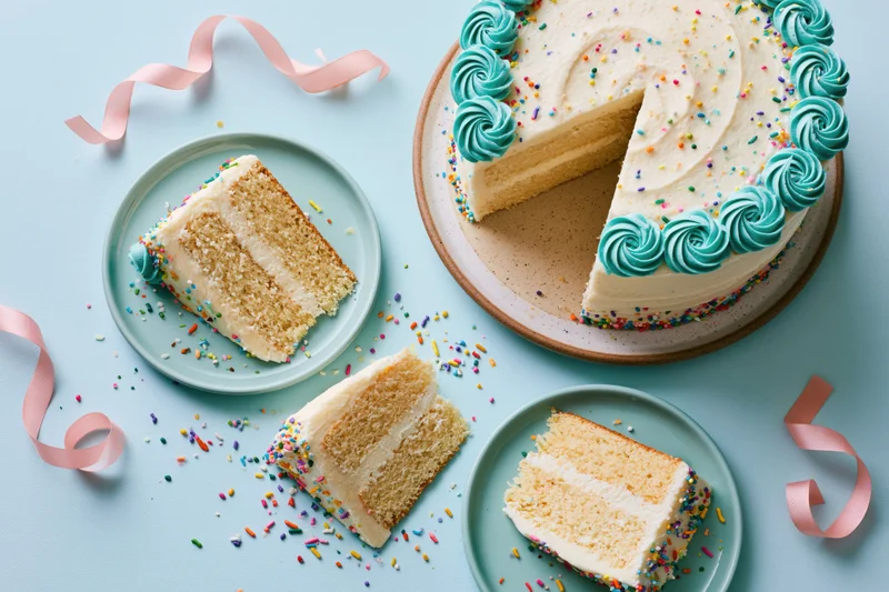 White-frosted layered birthday cake with slices served on plates and pink ribbons on a pastel blue surface
