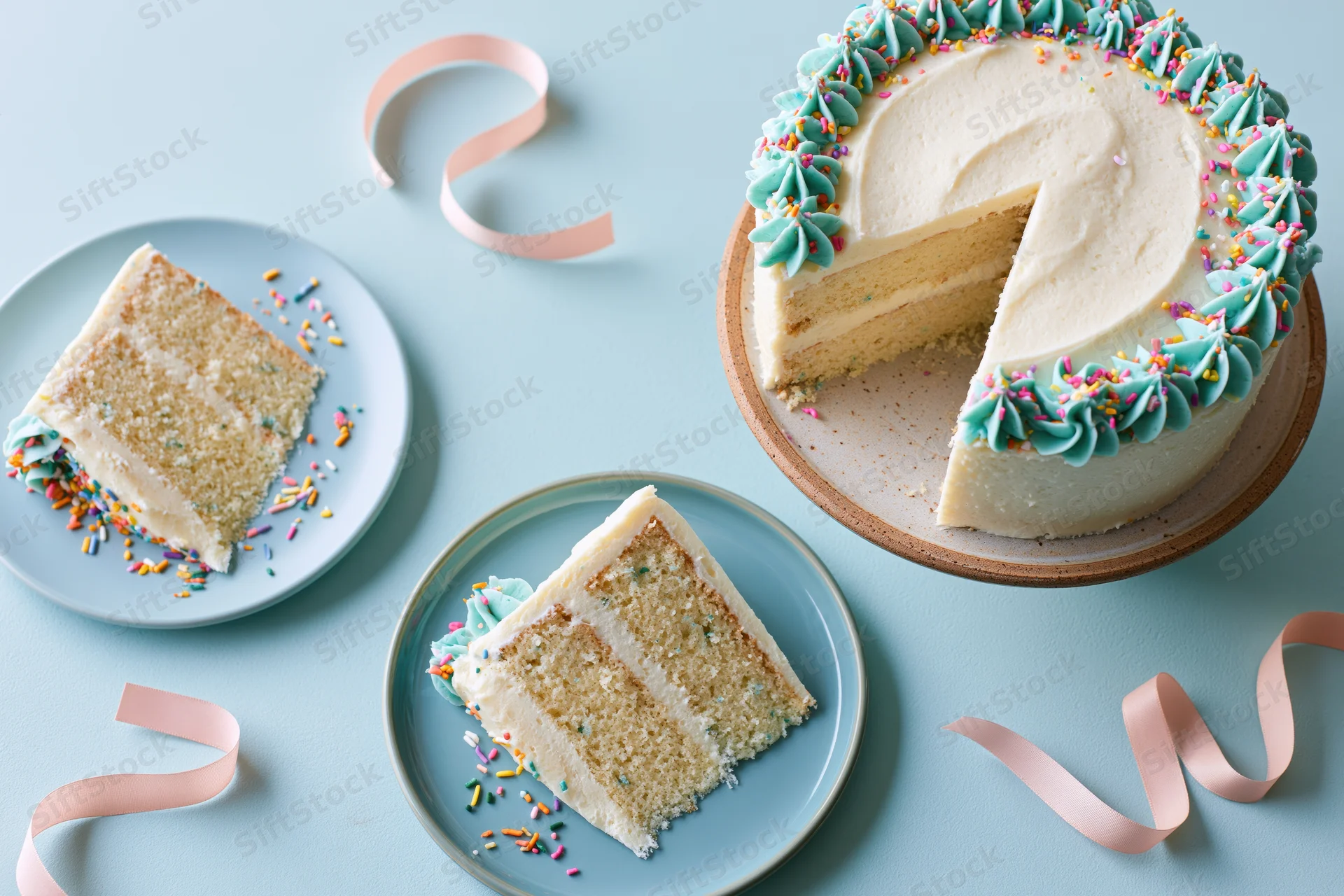 White-frosted layered birthday cake with two slices served on blue plates, surrounded by pink ribbons on a light blue surface