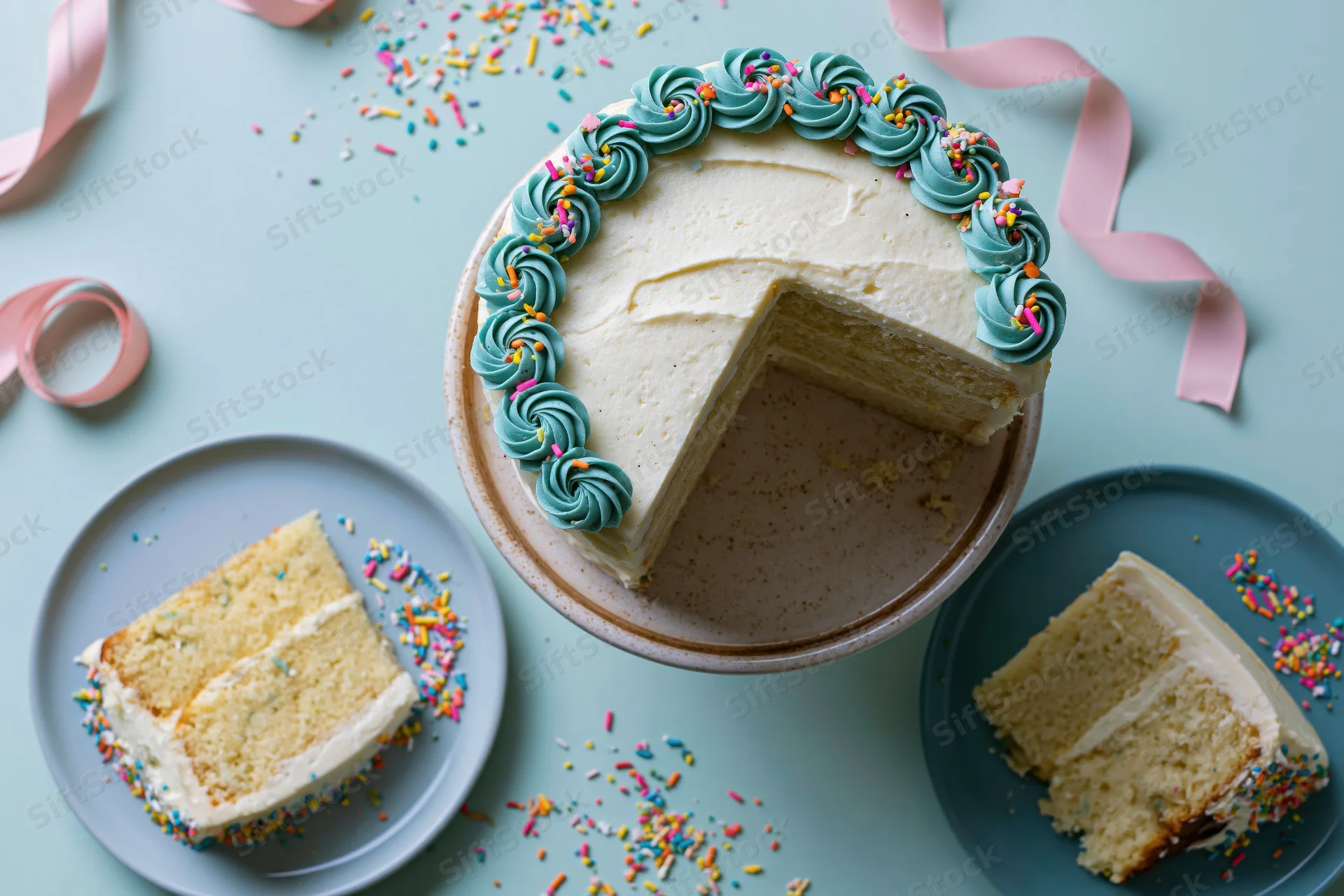 White-frosted layered birthday cake with a slice removed on a cake platter, surrounded by plates with cake slices and scattered sprinkles, pink ribbon, pastel background