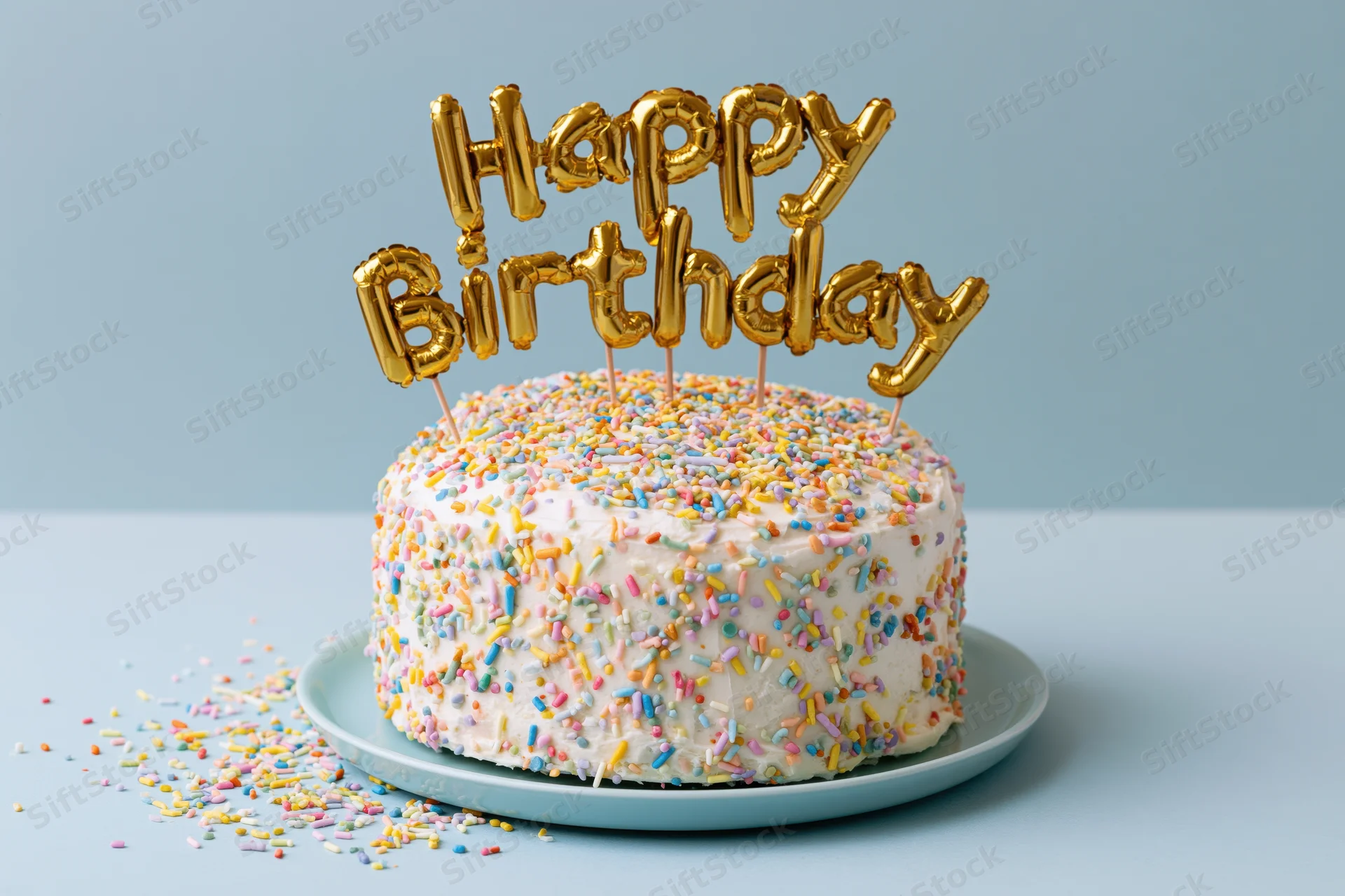White birthday cake covered in colorful sprinkles with golden balloon topper on blue plate and background
