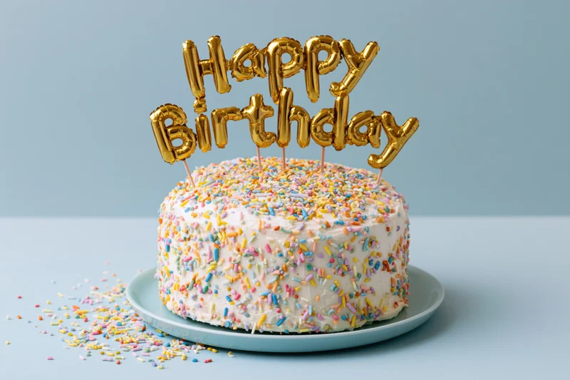 White birthday cake covered in colorful sprinkles with golden balloon topper on blue plate and background