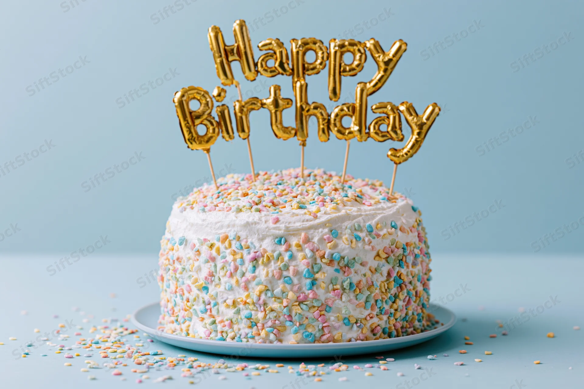 White birthday cake covered in colorful sprinkles with gold happy birthday topper on blue background