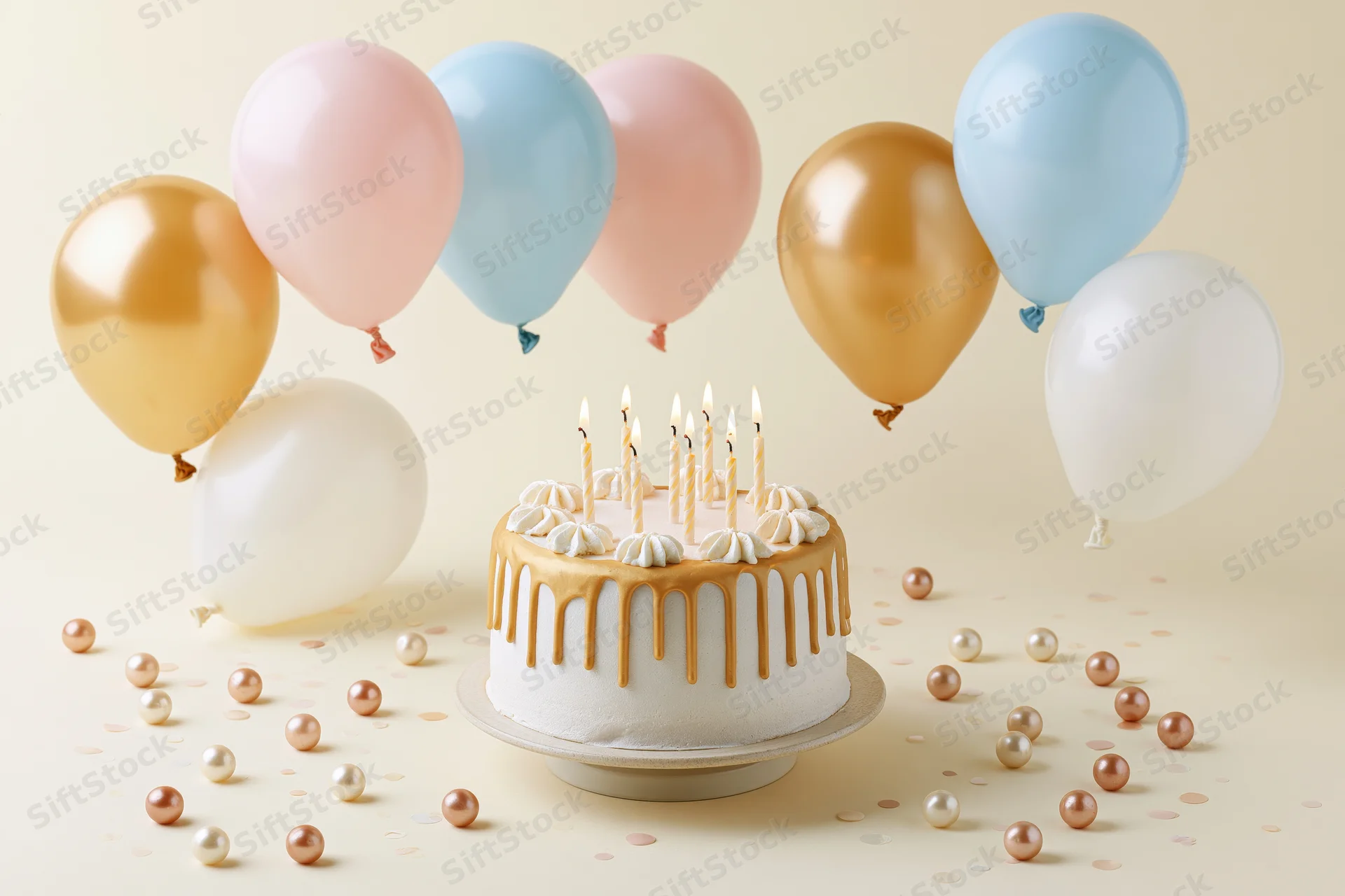 White birthday cake with gold drip frosting and lit candles surrounded by pastel balloons and scattered confetti on a light background