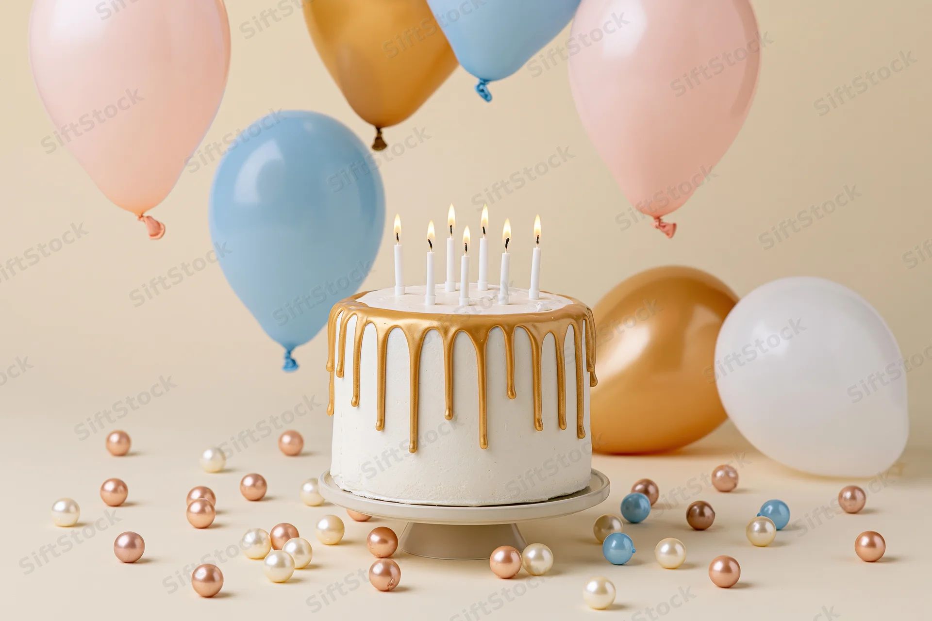 White birthday cake with gold drip frosting and lit candles surrounded by pastel balloons and scattered pearls on a beige surface