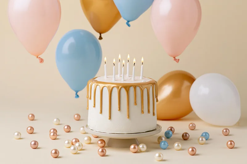 White birthday cake with gold drip frosting and lit candles surrounded by pastel balloons and scattered pearls on a beige surface