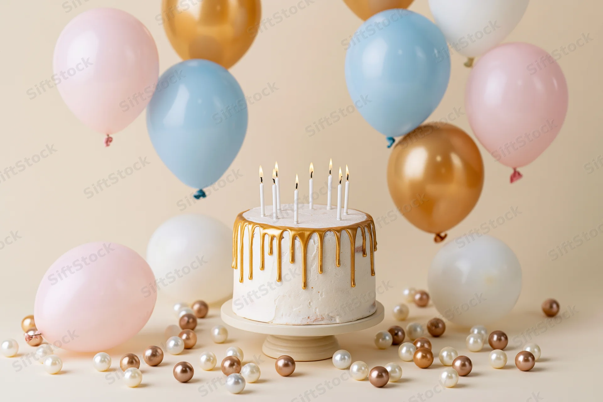 White birthday cake with gold drip frosting and lit candles on a stand surrounded by pastel balloons and scattered pearls
