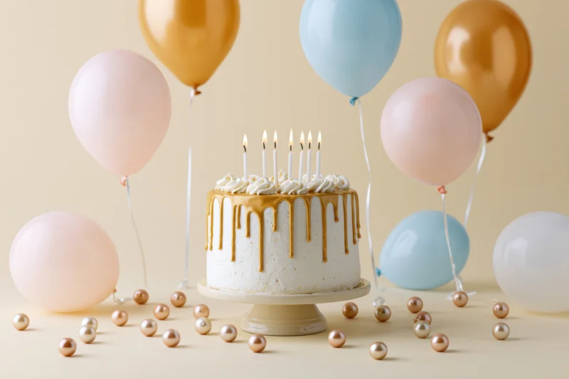 White birthday cake with gold drip frosting and lit candles on a stand surrounded by pastel balloons and scattered pearls