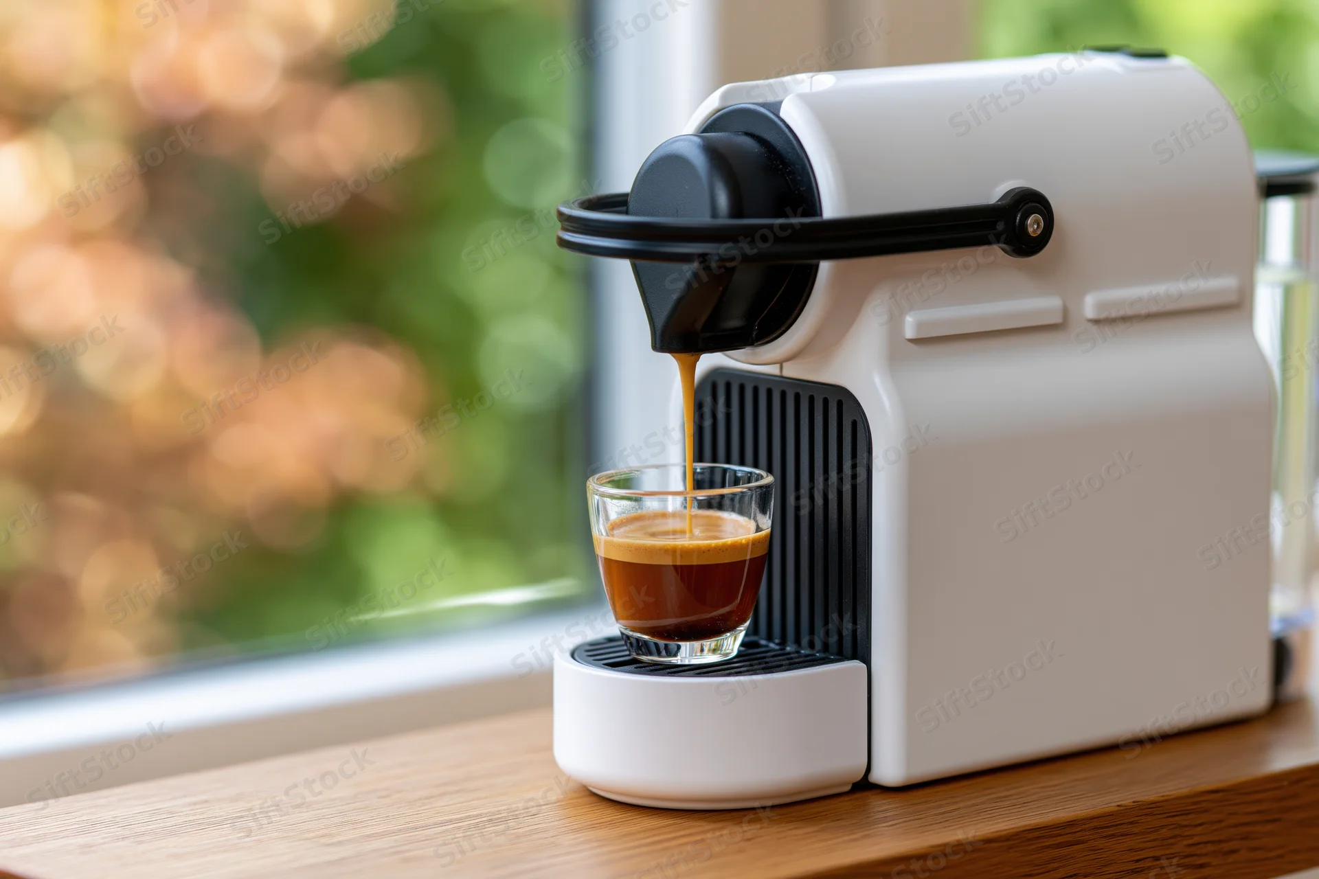 White capsule espresso machine dispensing coffee into a glass cup on a wooden countertop by a window