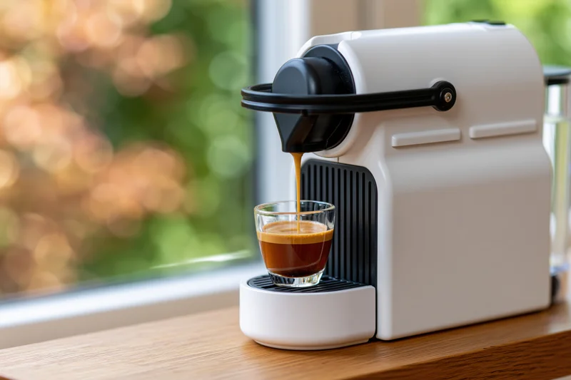 White capsule espresso machine dispensing coffee into a glass cup on a wooden countertop by a window