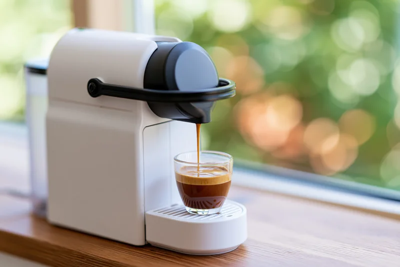 White capsule espresso machine dispensing coffee into a glass cup on a wooden countertop near a window
