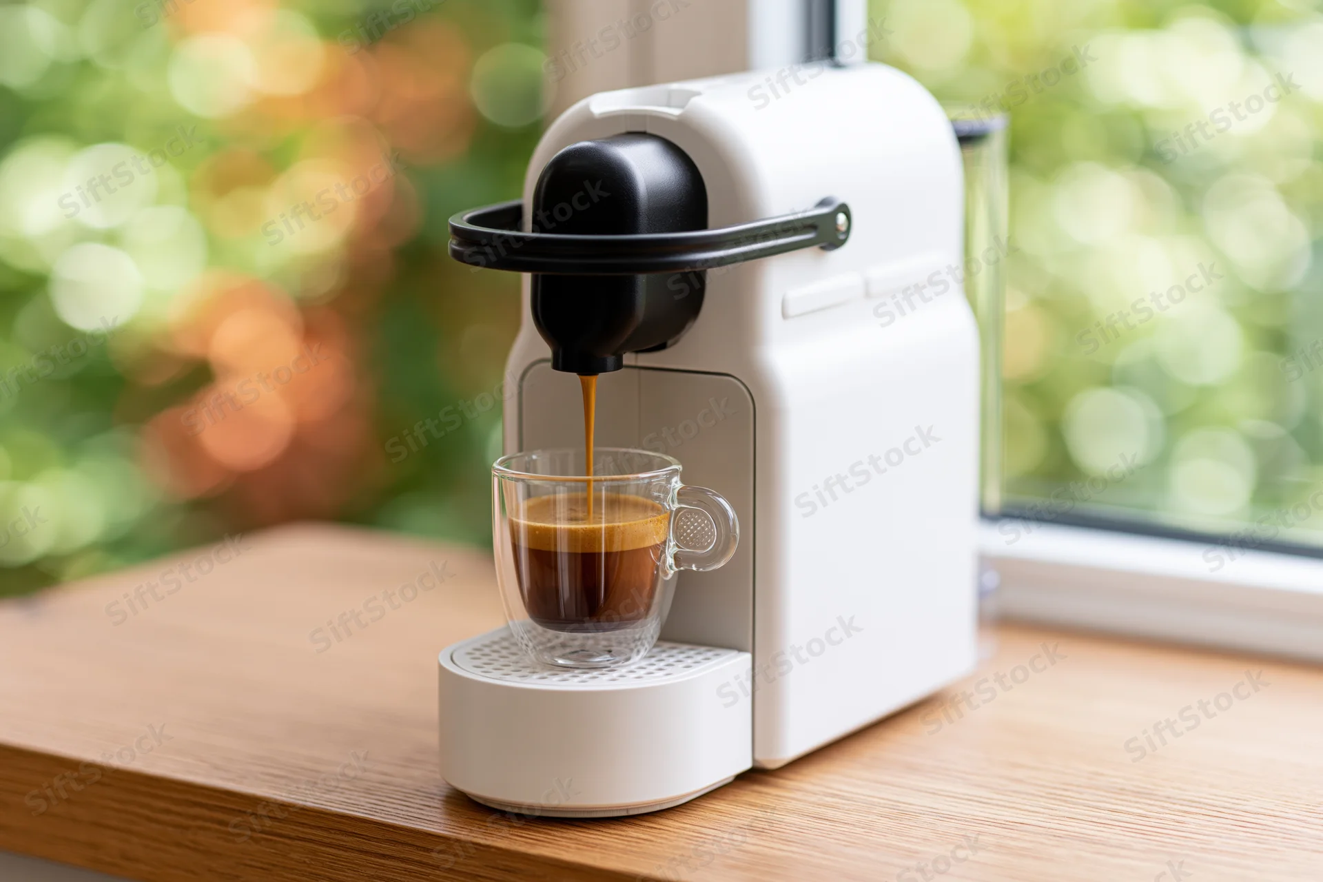White capsule espresso machine brewing coffee into a glass cup on a wooden table by a window